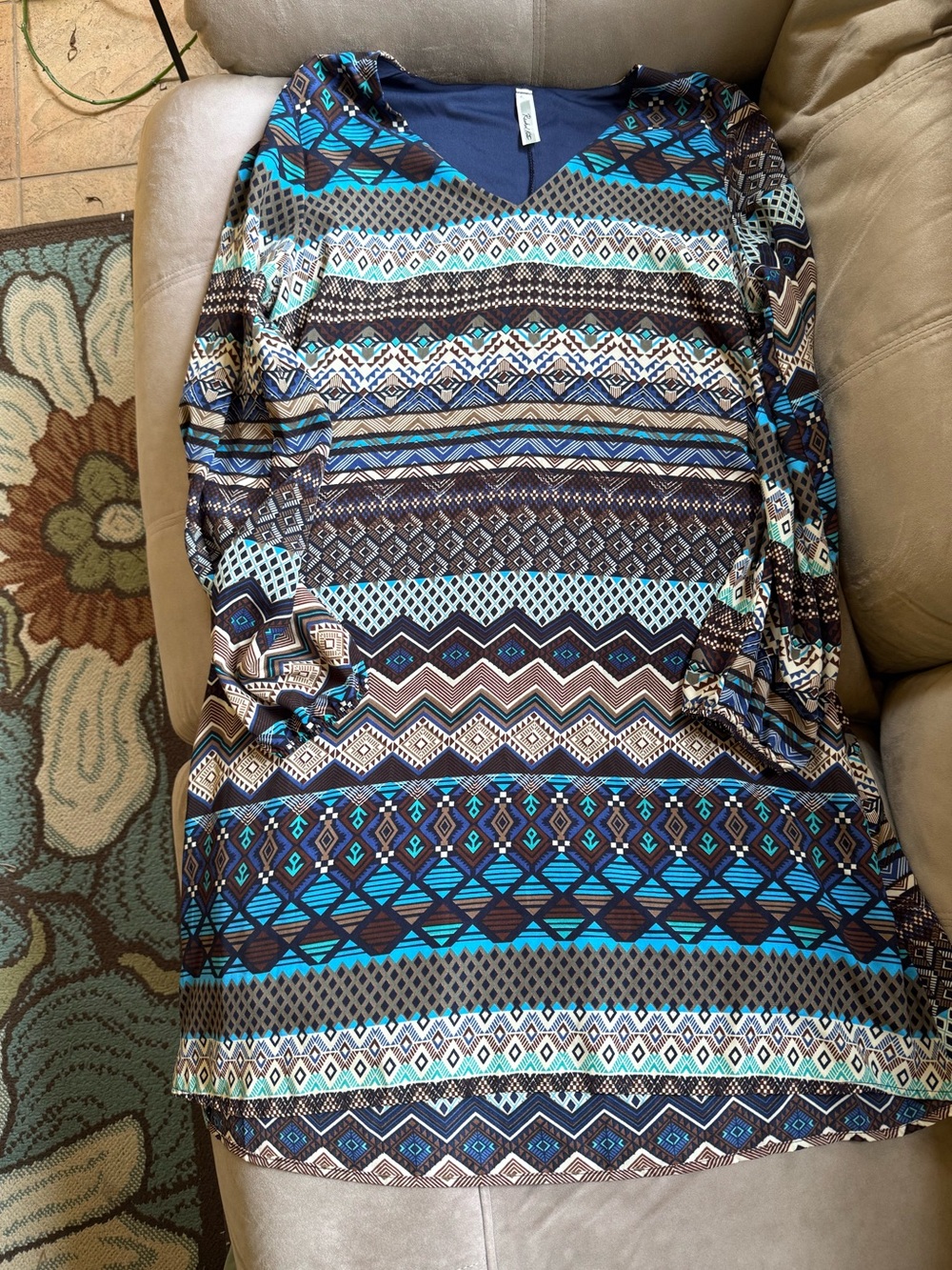 Rachel Kate Teal & Navy Geometric Long Sleeve Dress